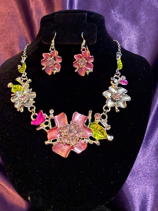 Jewelry - Floral Pink Statement Necklace and Earrings- Women Jewelry